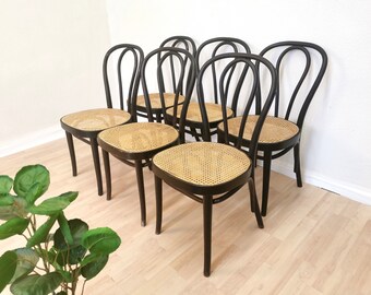 SET OF 6 Vintage Black Wooden Dining Chairs with Cane Seat / Mid-century Thonet Style n18 / STOL Kamnik 1970s Yugoslavia / Bentwood Techique