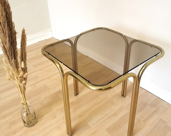 Vintage Brass and Smoked Glass Coffee Table / Italy 1970s / Mid-century End or Side Living Room table