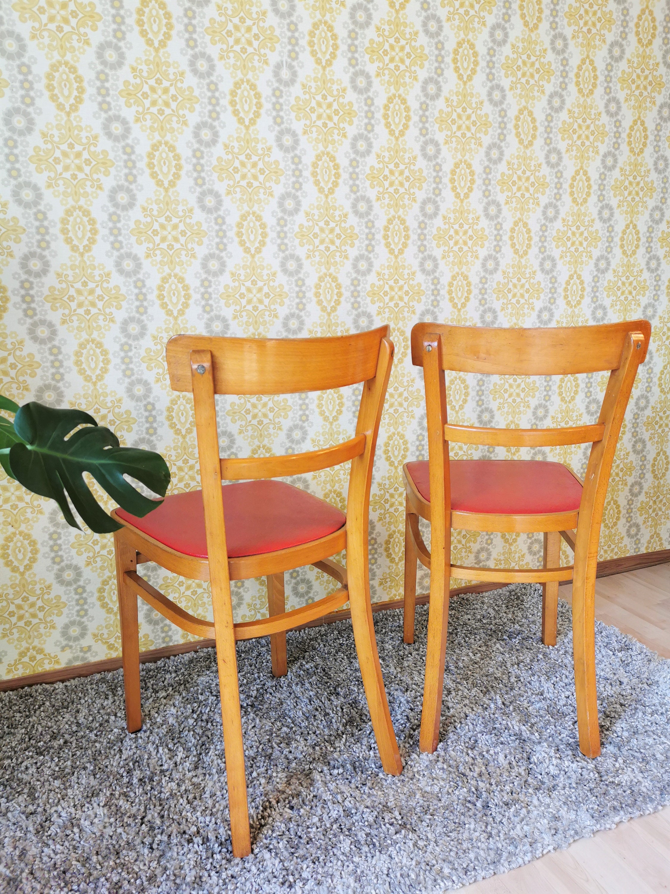 Vintage Wooden Dining Chair: Red Leather Seat, Mid-century