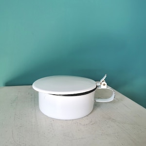 Vintage White Enamel Cup with Lid: 1970s Yugoslavia EMO Celje
