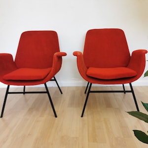 1 of 2 Mid-century Modern Armchairs / Alvin Lustig Style / Red fabric and Metal Frame / Space Age Lounge Chair / Vintage Living Room