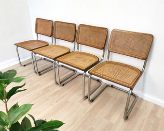 SET OF 4  Vintage Cesca Chairs / Mid-century Dining Chair / Tubular Chrome Base + Cane + Wood / B32 Dine Chair Knoll by Marcel Breuer