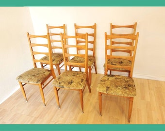 SET OF 6 / Vintage Wooden Dine Chairs / 1970s /Bistro Dining Chair / Brown - Green Fabric / Mid-century Furniture / Restaurant / Bar / Pub