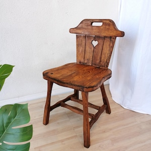 Vintage Wooden Massive Dining Chair with Heart Shaped Hole / Mid-century Farmhouse Cottage Tyrolean Dine Chair / 1970s Yugoslavia
