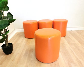 1 of 4 Vintage Stool in Orange Leather / Retro Small Foamed Taburetes Ottoman / 1980s Yugoslavia Mid-century Space Age Foot Stools