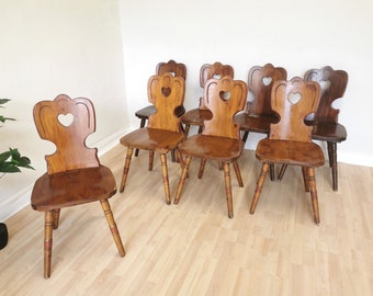 1 of 8 Vintage Farmhouse Chairs / Massive Wooden Dine Chairs Made in the 1970s, Yugoslavia / Batch of Mid-century Tyrolean Dining Chairs