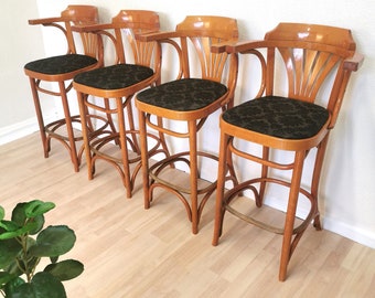 SET OF 4 Vintage Wooden High Armchairs in Thonet Style with Black Lace Fabric / Mid-century Irish Pub Bar Dine Chair with Armrests