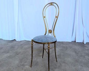 Vintage Paolo Buffa Brass Vanity Chair: Chiavari Style, Blue Fabric, 1950s Italy