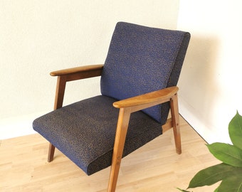 Original Vintage Bor Novi Marof Amrchair / Retro Wooden Chair with Springs and Royal  Blue Fabric / Midcentury Cocktail Lounge Reading Chair