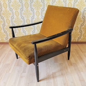 Vintage Yellow Fabric Wooden Armchair with Springs / Made in Yugoslavia in 1960s / Mid-century Cocktail Lounge Chair / Low seating / Resting
