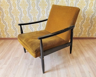 Vintage Yellow Fabric Wooden Armchair with Springs / Made in Yugoslavia in 1960s / Mid-century Cocktail Lounge Chair / Low seating / Resting