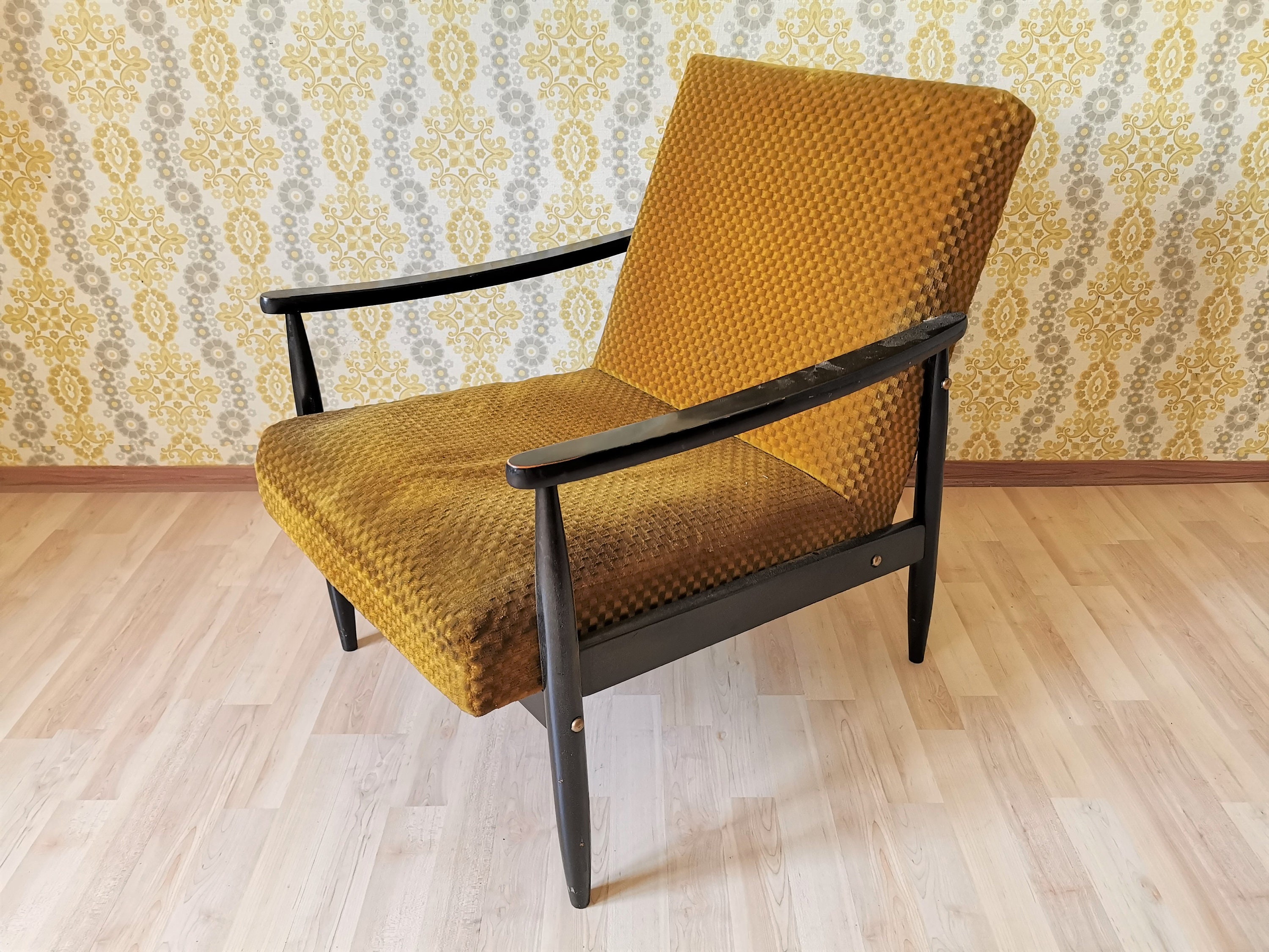 Vintage Yellow Fabric Wooden Armchair With Springs Made in