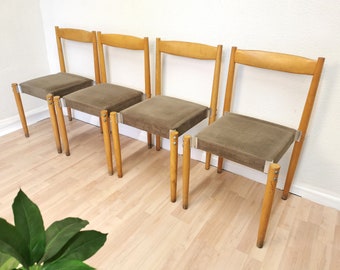 SET OF 4 Vintage Dine Chairs by Miroslav Navratil / 1970s Czechoslovakia / Mid-century Wooden Dining Chairs / Gray Fabric with Blue Stripes