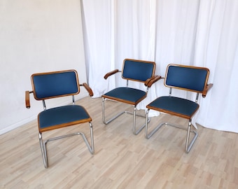 1 of 3 Vintage CESCA Armchairs by Marcel Breuer / Navy Blue Leather Tubular Chrome Base / Office Dining Chair Armrest / 1970s Knoll Italy