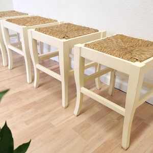 Vintage White Wooden Stools with Thatched Seats - 1970s Yugoslavia (Set of 4)