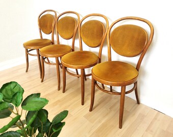 SET OF 4 Vintage Dine Chairs by Mundus Florijan Bobic, Varazdin / Made in Yugoslavia 1970s in Thonet Style / Original Sticker / Wood Fabric