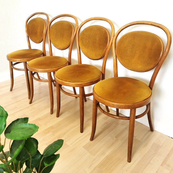 SET OF 4 Vintage Dine Chairs by Mundus Florijan Bobic, Varazdin / Made in Yugoslavia 1970s in Thonet Style / Original Sticker / Wood Fabric