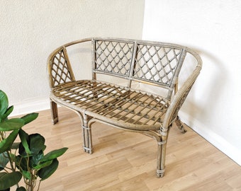 Vintage Bamboo Rattan Bench / Boho 1980s Patio Balcony Furniture / Mid-century Wicker Chair / Outdoor 80s