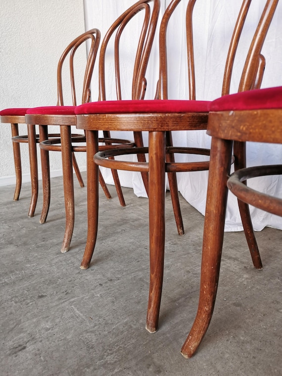 Set of 4 Vintage Bentwood Bistro Chairs: Thonet Style, Red