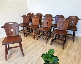 1 of 10 Vintage Wooden Massive Dining Chairs / Batch of Mid-century Farmhouse Cottage Tyrolean Dine Chairs / 1970s Yugoslavia