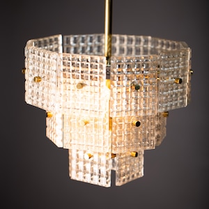 Vintage Embossed Glass Chandelier: 1970s Brass Pendant Lamp