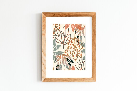 A3, A4, A5 digital print. Dropping leaves - cream. Botanical jungle illustration. Wall art.