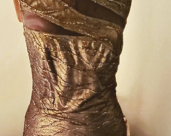 Tadashi Shoji Gold and Black Sexy Dress.Glitter Gold and Black Below The Knee Dress.Tadashi Shoji Designer Dress.