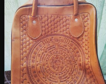 Tooled Leather Aztec Weekend Bag or Bowling Bag.1970s Handmade in Mexico Leather Bag.