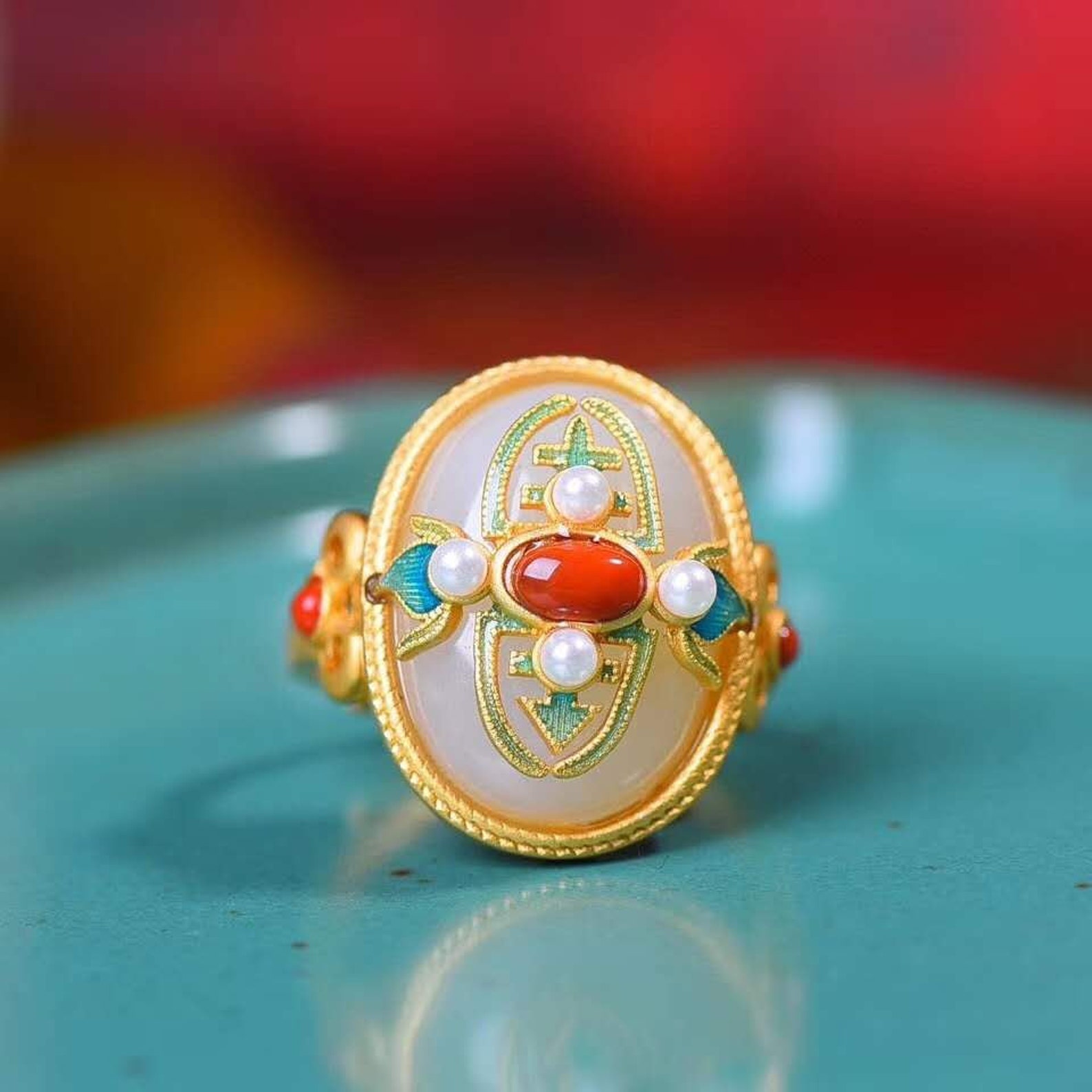 Cloisonne ring Hetian jade ring gemstone ring silver ring Etsy