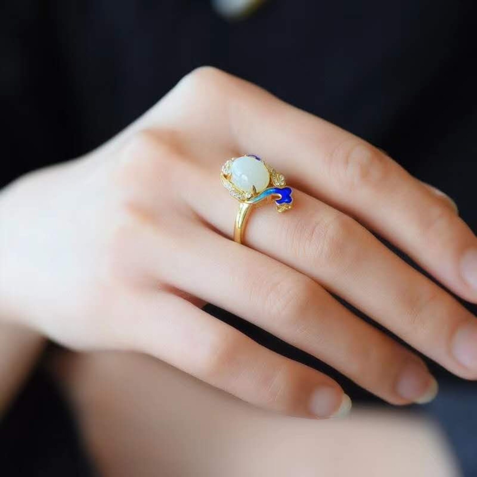 Propitious Cloud Ring Cloisonne Ring Hetian Jade Ring White Etsy