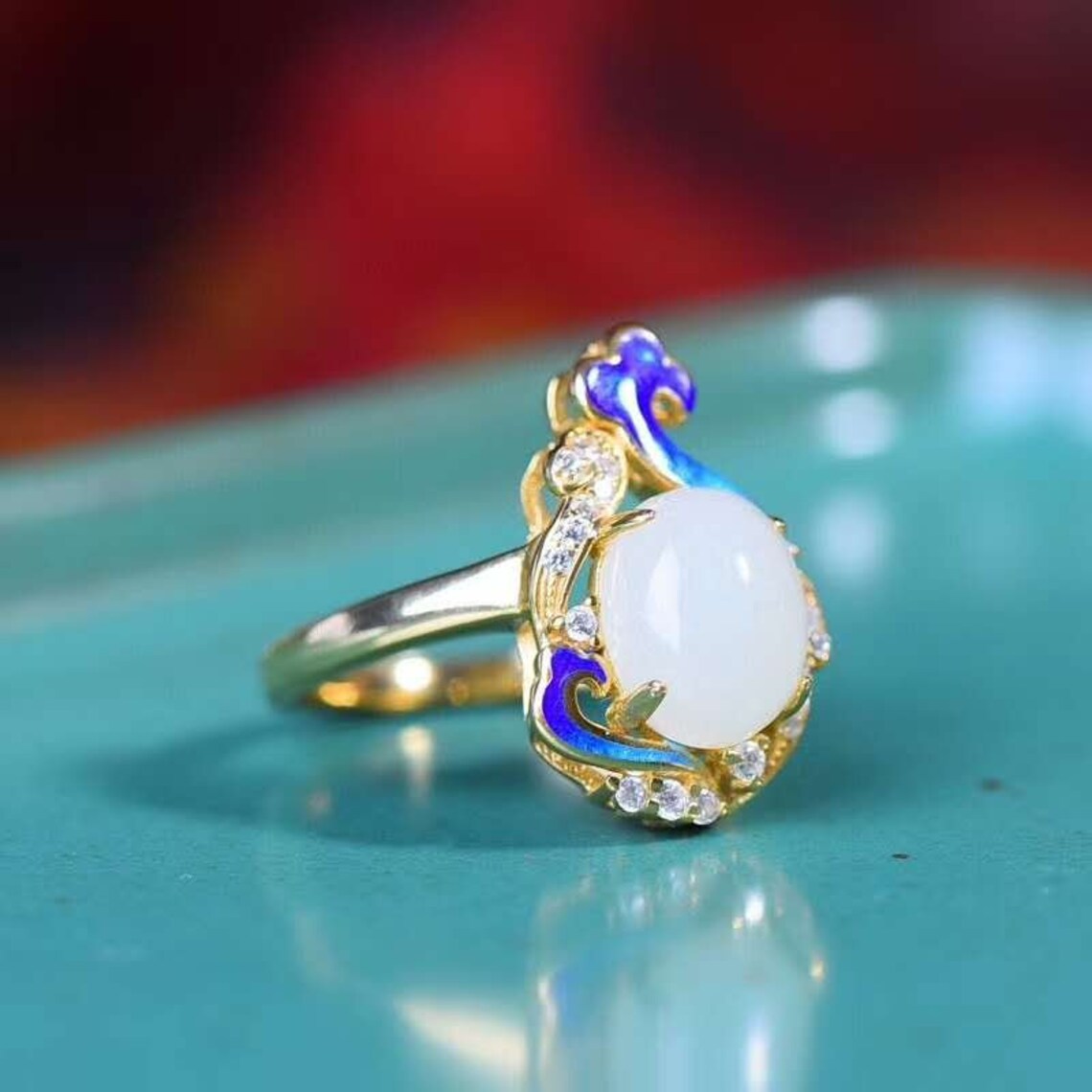 Propitious Cloud Ring Cloisonne Ring Hetian Jade Ring White Etsy