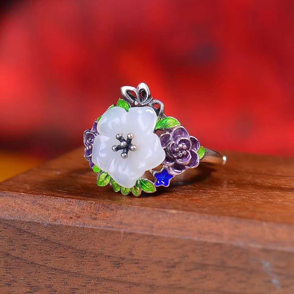Cloisonne Ring Flower Ring Silver Ring Gemstone Ring Etsy
