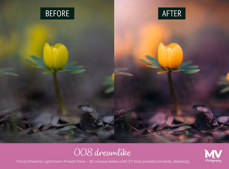 May include: Image comparison of a flower before and after editing. The "BEFORE" image shows a yellow flower with green leaves. The "AFTER" image shows the same flower with enhanced colors. Text at the bottom reads "008 dreamlike" and "Floral Dreams Lightroom Preset Pack".