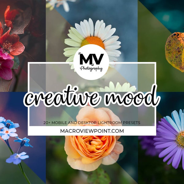 20 Mood Presets for Lightroom mobile & desktop (4 volumes) for macro and flower photos. 27 DNG and 27 XMP files