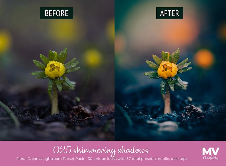 May include: A split image showcasing a yellow flower with green leaves, before and after editing. The "Before" image has a muted tone, while the "After" image has enhanced colors. Text reads "025 shimmering shadows" and "Floral Dreams Lightroom Preset Pack".