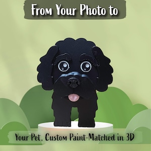 May include: A black 3D-printed dog figurine with large white eyes, a black nose, and a pink tongue. The text above reads "From Your Photo to" and the text below reads "Your Pet, Custom Paint-Matched in 3D" on a green background.