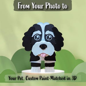 May include: A 3D printed dog figurine with black and white coloring, featuring large eyes, floppy ears, and a pink tongue. The text "From Your Photo to" appears at the top, and "Your Pet, Custom Paint-Matched in 3D" is at the bottom.