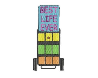 May include: An embroidered patch featuring a colourful design of a small, wheeled vehicle with a sign that reads "BEST LIFE EVER".