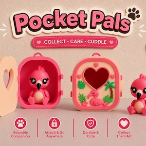 May include: Pocket Pals toy set featuring two pink flamingo figures and a portable carrying case. The case is pink and cream with a heart-shaped window, palm tree, and flamingo relief. Text includes Pocket Pals, COLLECT CARE CUDDLE.