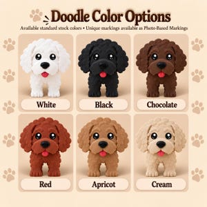May include: A chart titled Doodle Color Options displays six dog figurines in white, black, chocolate, red, apricot, and cream. Each figurine features curly fur, large black eyes, a black nose, and a small red tongue sticking out.