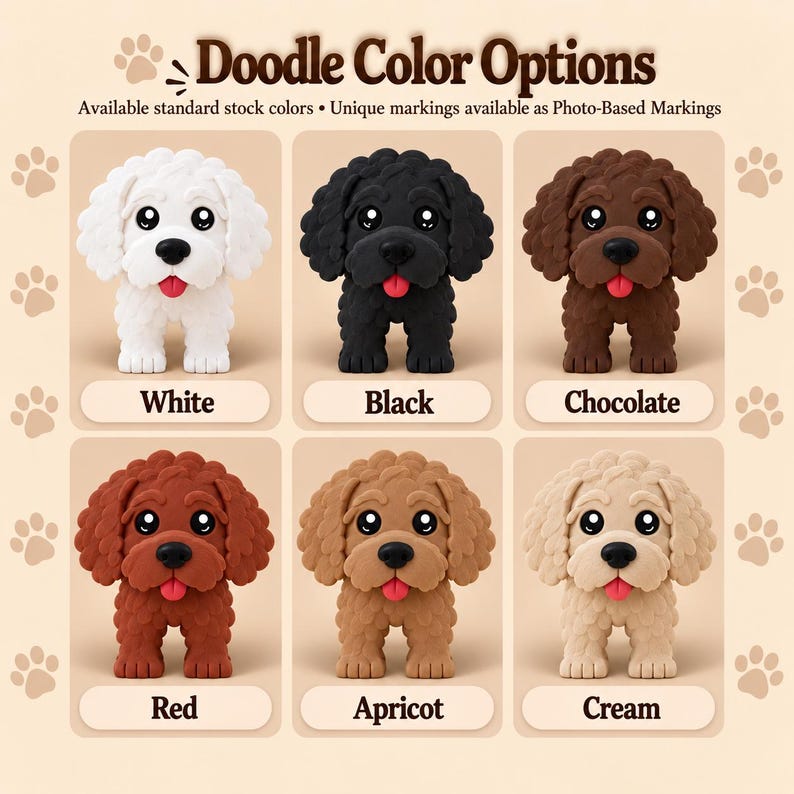 May include: A chart titled Doodle Color Options displays six dog figurines in white, black, chocolate, red, apricot, and cream. Each figurine features curly fur, large black eyes, a black nose, and a small red tongue sticking out.
