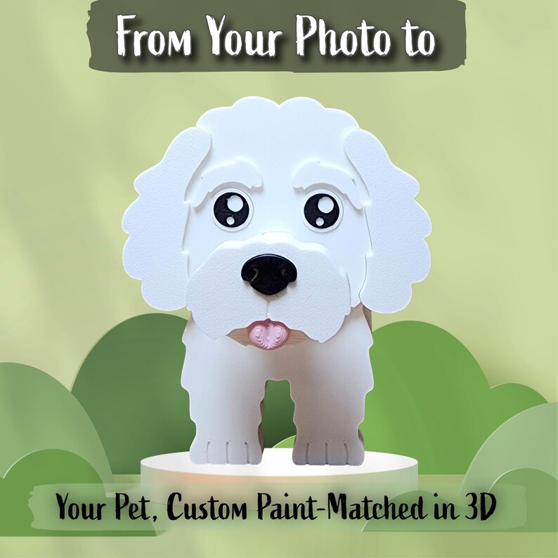 May include: A white 3D-printed dog figurine with black eyes, a black nose, and a pink tongue. The text above reads "From Your Photo to" and the text below reads "Your Pet, Custom Paint-Matched in 3D" on a light green background.