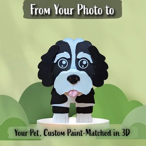 May include: A 3D printed dog figurine with black and white coloring, featuring large eyes, floppy ears, and a pink tongue. The text "From Your Photo to" appears at the top, and "Your Pet, Custom Paint-Matched in 3D" is at the bottom.