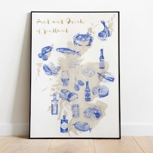 May include: A blue and white illustrated map of Scotland with various food and drink items from the country, including salmon, whisky, cheese, and shortbread. The text "Food and Drink of Scotland" is at the top of the map.
