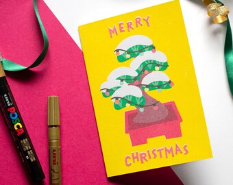 Christmas Bonsai Risograph Card | Bonsai Mini Riso Print | Japanese Xmas Tree