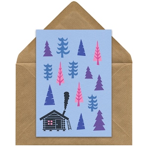 Log Cabin Card, Housewarming Card, Christmas Card, Forest Art, Cabincore Cosy