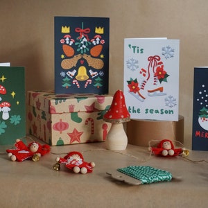 Cosy Nordic Christmas Card Set | Capybara Mistletoe, Candy Cane, Retro Ice Skates, Snowy Log Cabin, Magic Mushroom