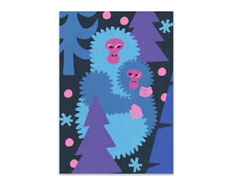 Japanese Macaque Art Print | Mother and Baby Snow Monkey on recycled paper