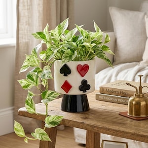 May include: A white ceramic plant pot decorated with playing card suits, filled with a green and white leafy plant. The pot has a black base. The plant is on a wooden table with books and a brass mister.