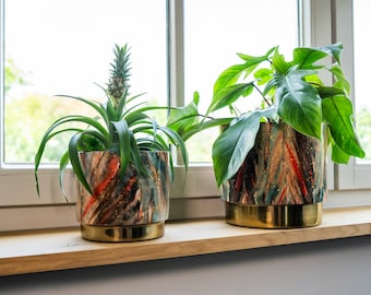 Puede incluir: Dos macetas cilíndricas con un patrón de mármol en tonos rojo, verde azulado, negro y blanco, acentuadas con motas doradas. Cada maceta tiene una base de metal dorado liso. Una maceta contiene una planta de piña y la otra una planta de hojas verdes.
